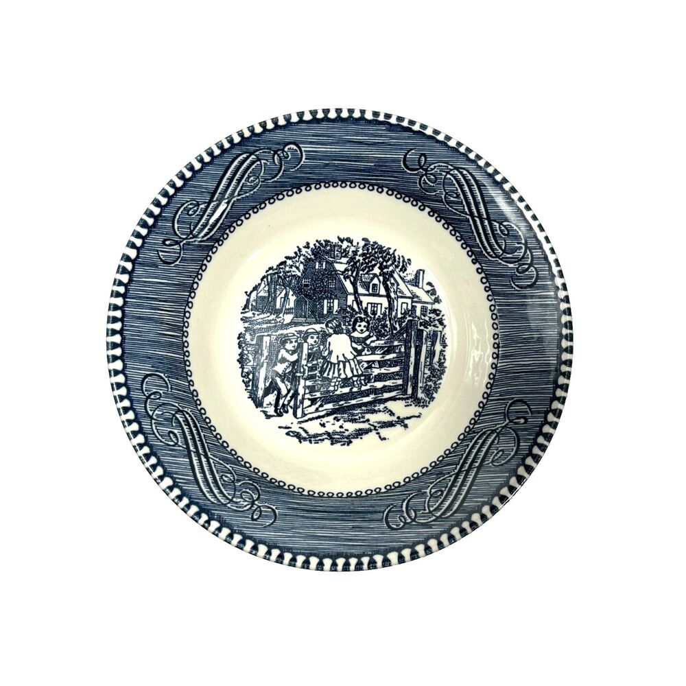 Currier & Ives Blue and White Pottery Dessert Berry Bowl Village Gate Country